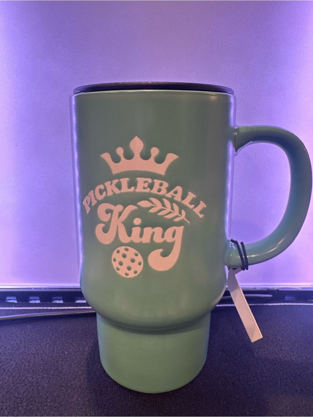 BWTC Pickleball King 18 oz Ceramic Travel Mug with Lid 6.5" Coffee Cup NWT